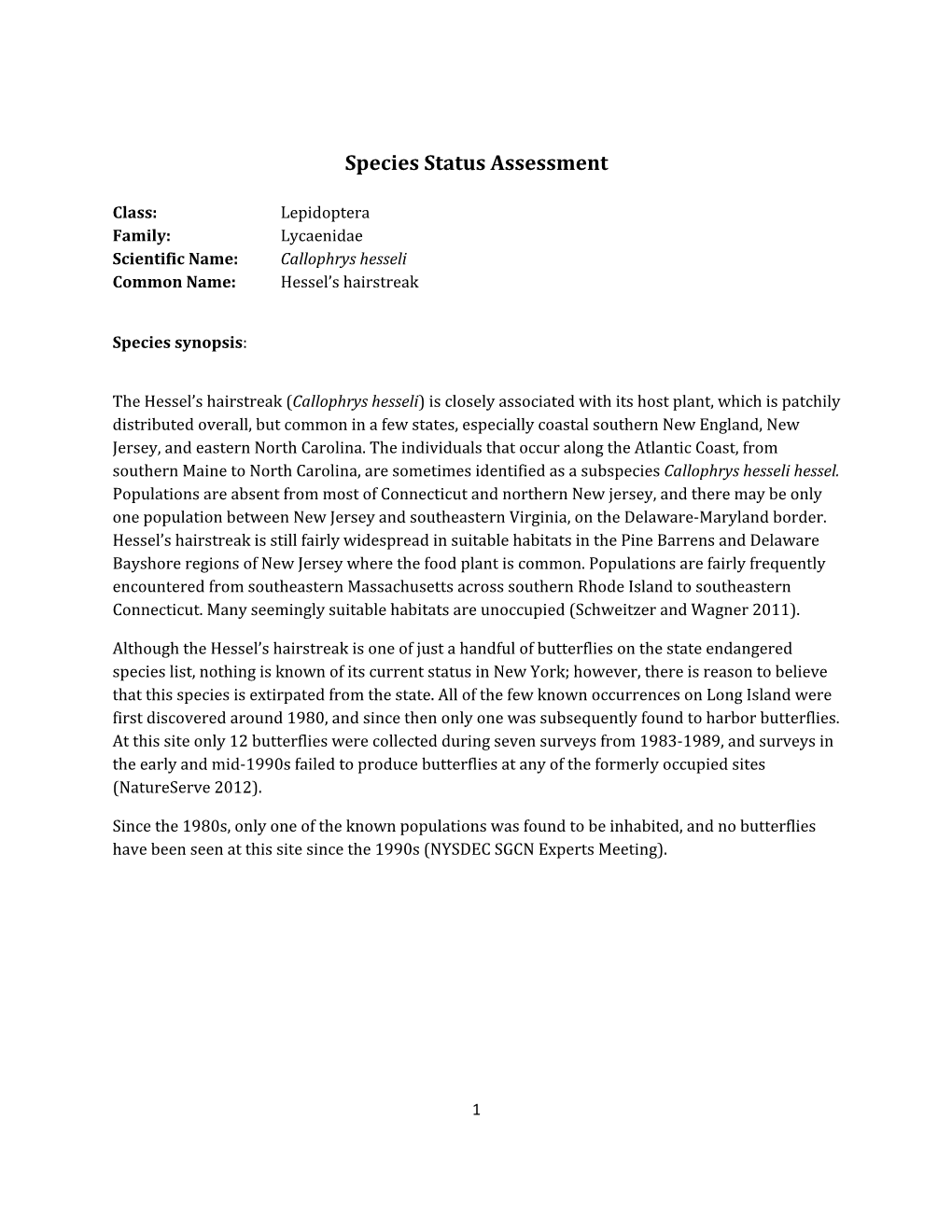 Species Assessment for Hessel's Hairstreak