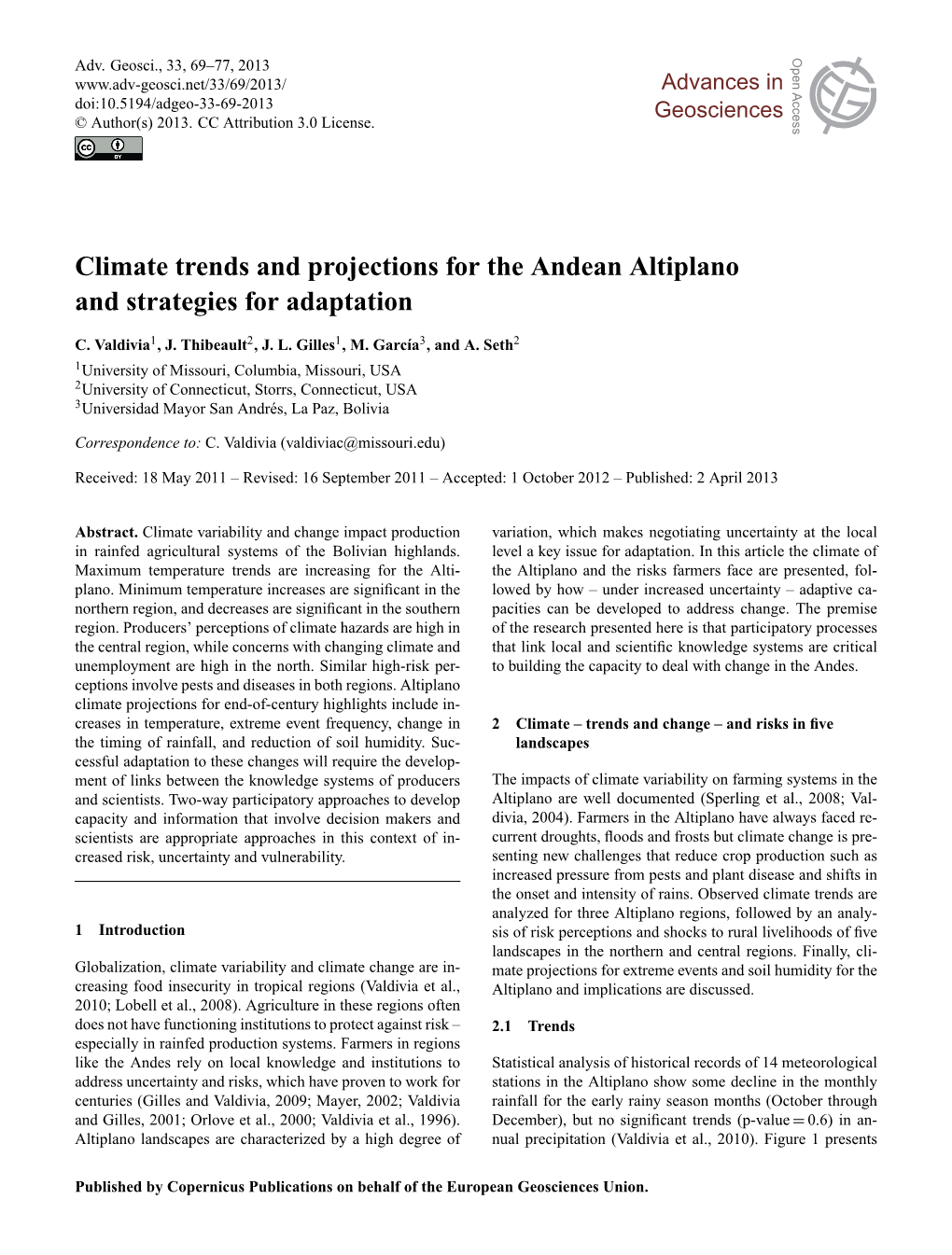 Climate Trends and Projections for the Andean Altiplano and Strategies For