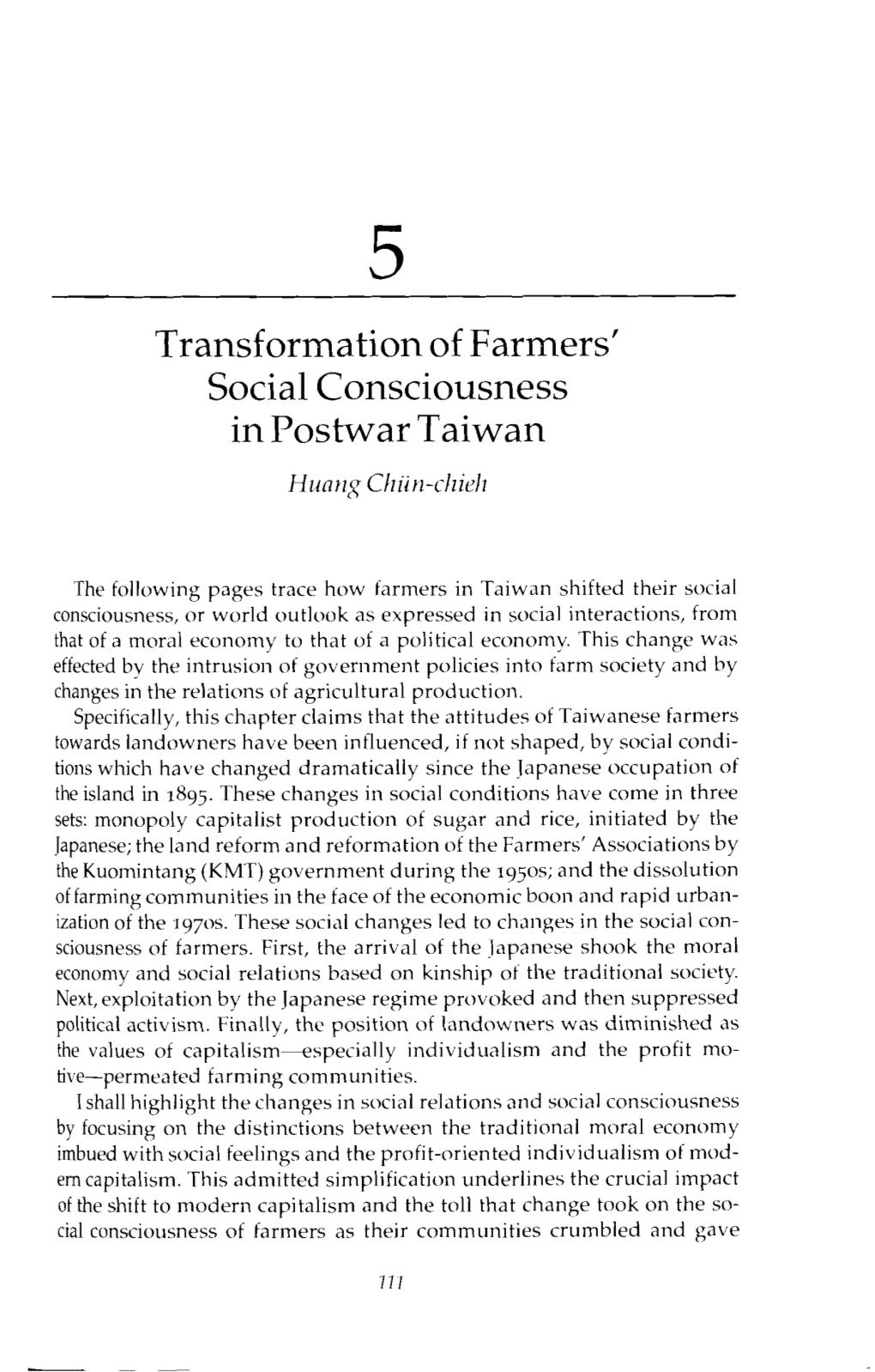 Transformation of Farmers' Social Consciousness in Postwar Taiwan