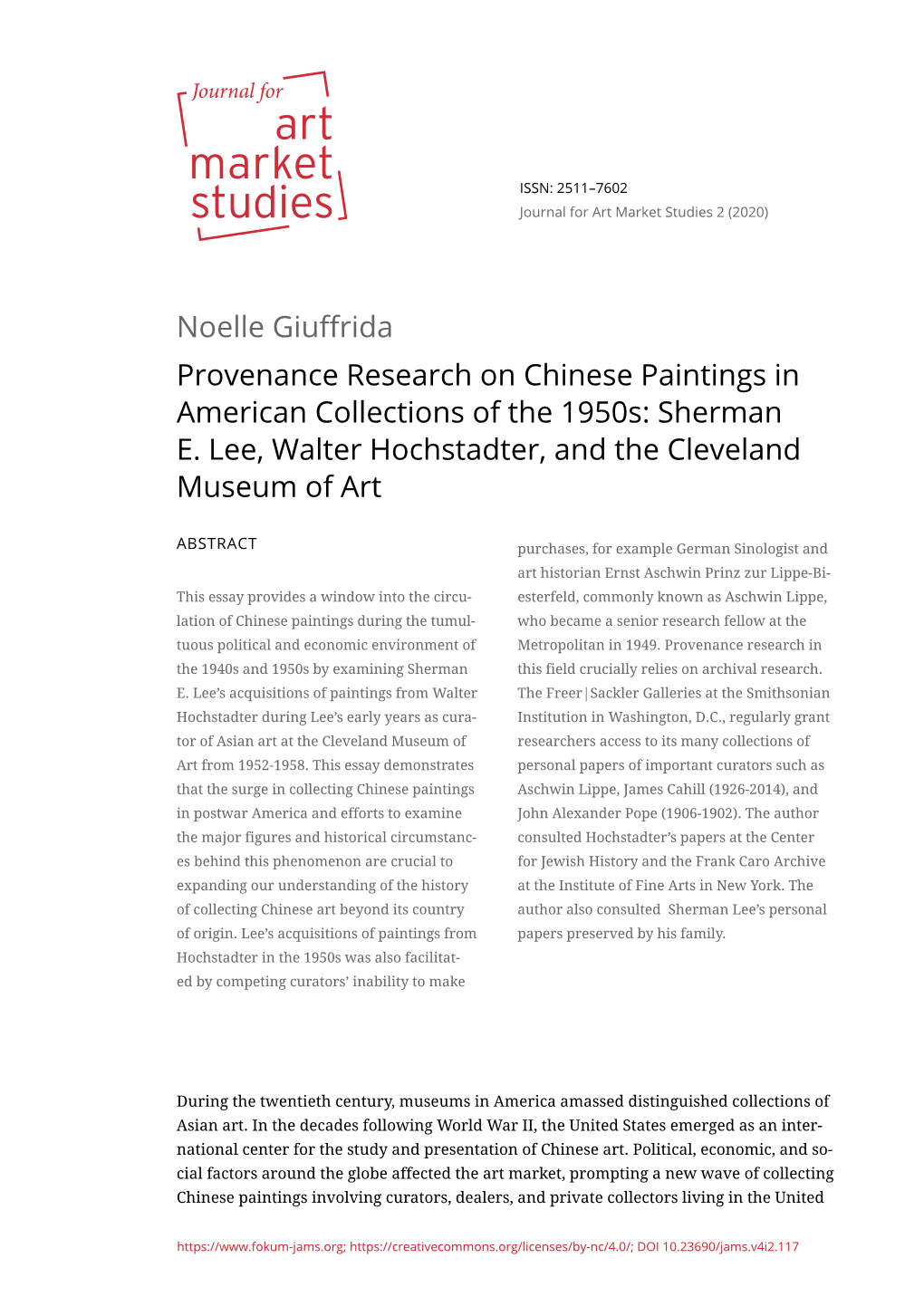 Noelle Giuffrida Provenance Research on Chinese Paintings in American Collections of the 1950S: Sherman E