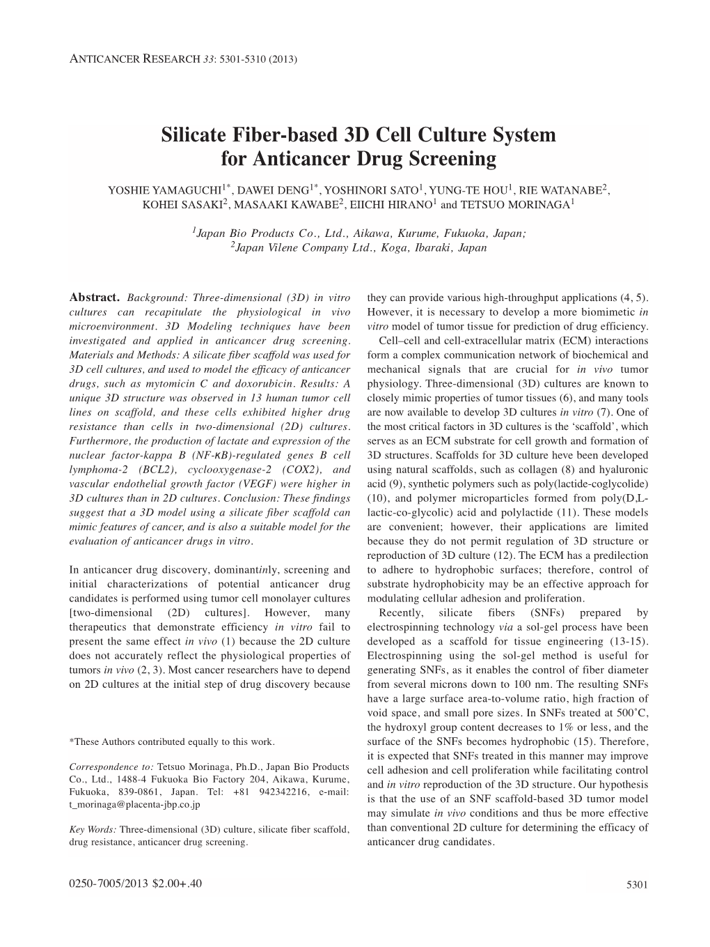 Silicate Fiber-Based 3D Cell Culture System for Anticancer Drug Screening