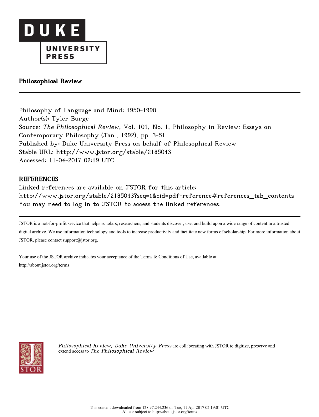 Philosophy of Language and Mind: 1950-1990 Author(S): Tyler Burge Source: the Philosophical Review, Vol