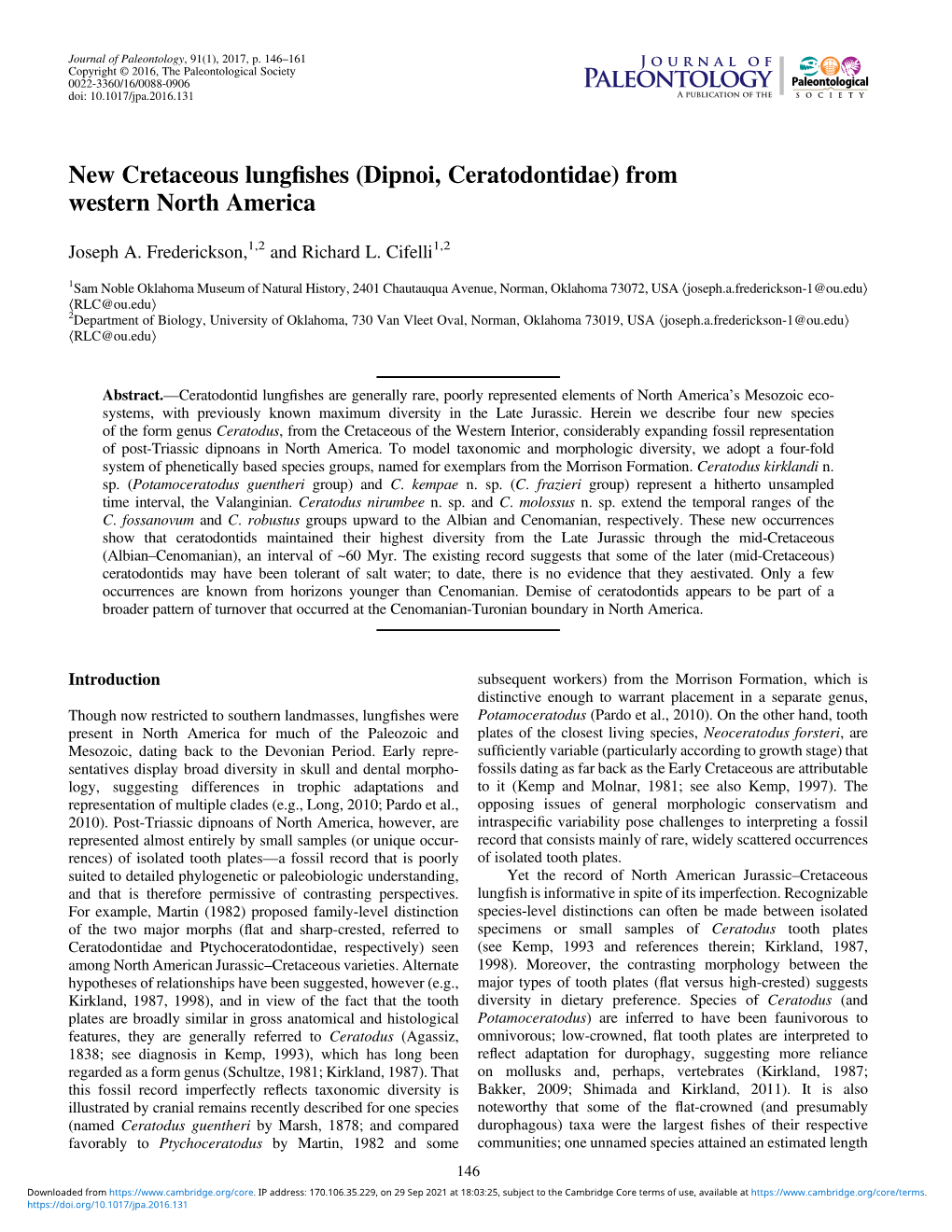 New Cretaceous Lungfishes (Dipnoi, Ceratodontidae) from Western North