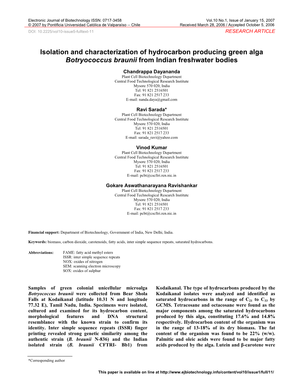 Isolation and Characterization of Hydrocarbon Producing Green Alga Botryococcus Braunii from Indian Freshwater Bodies