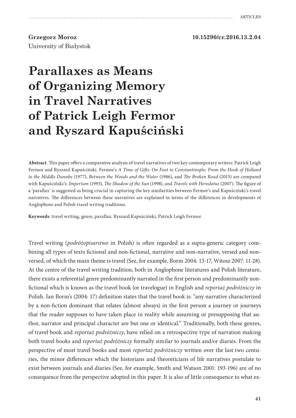 Parallaxes As Means of Organizing Memory in Travel Narratives of Patrick Leigh Fermor and Ryszard Kapuściński
