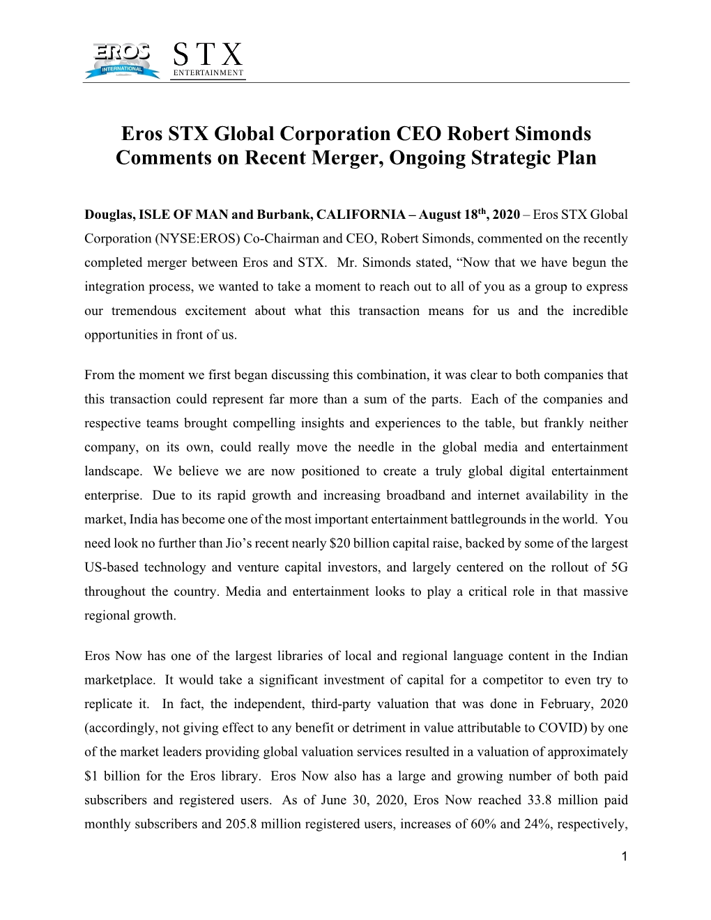 Eros STX Global Corporation CEO Robert Simonds Comments on Recent Merger, Ongoing Strategic Plan