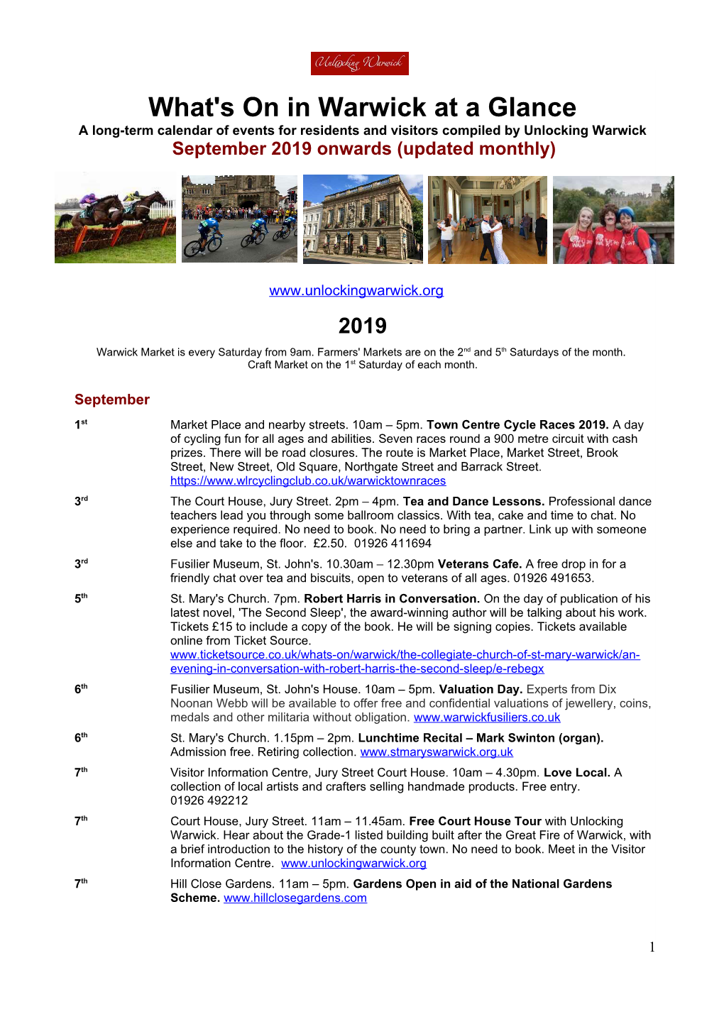 What's on in Warwick at a Glance a Long-Term Calendar of Events for Residents and Visitors Compiled by Unlocking Warwick September 2019 Onwards (Updated Monthly)