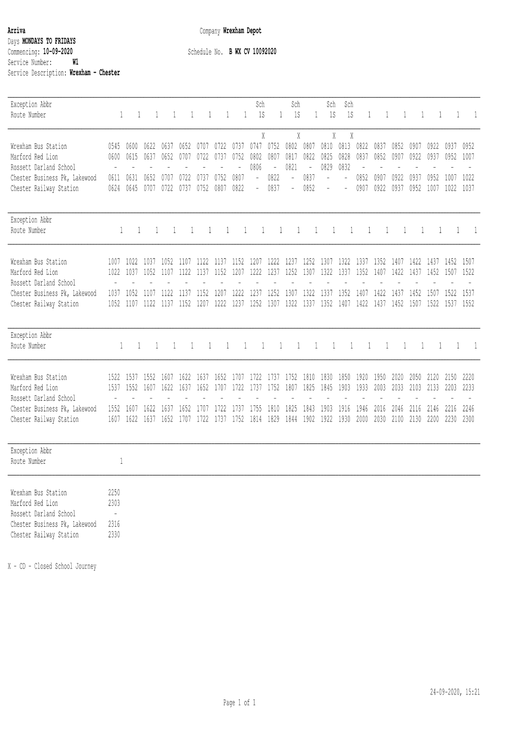 Arriva Working Timetable