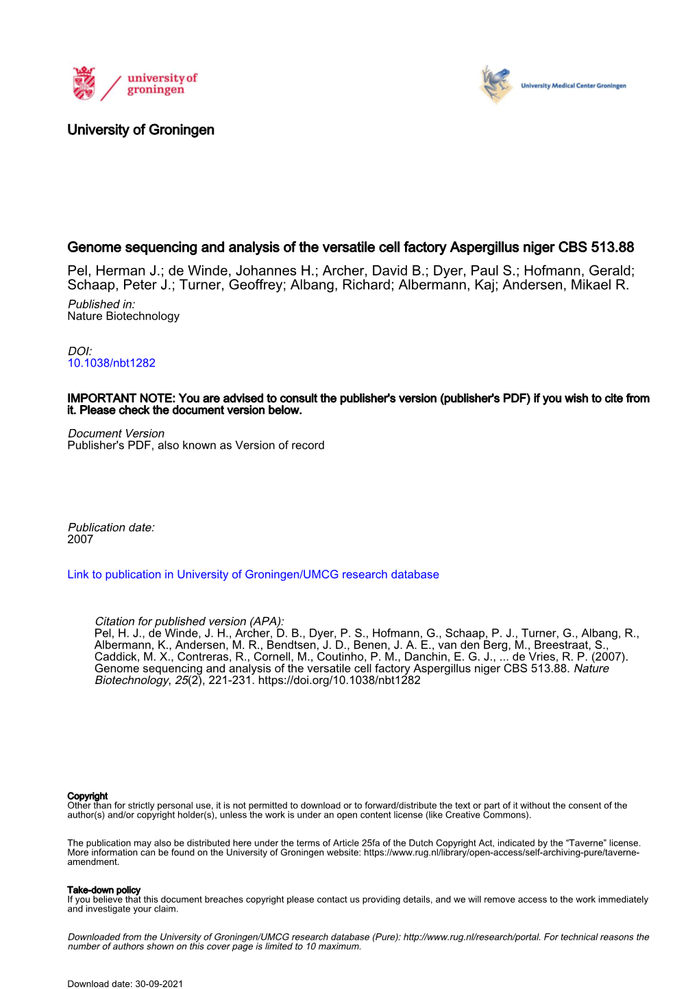 University of Groningen Genome Sequencing and Analysis of The