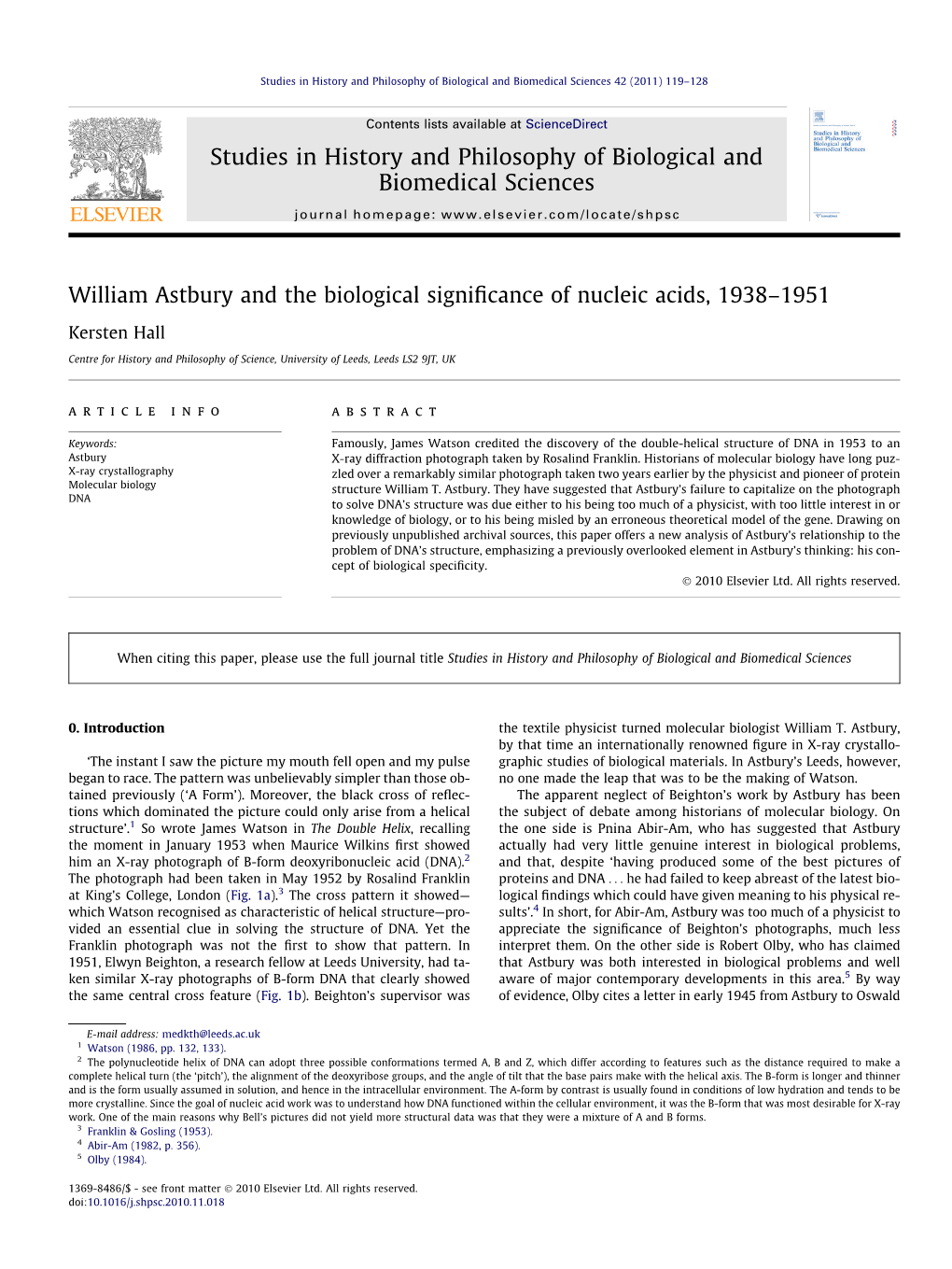 William Astbury and the Biological Significance of Nucleic Acids, 1938Â