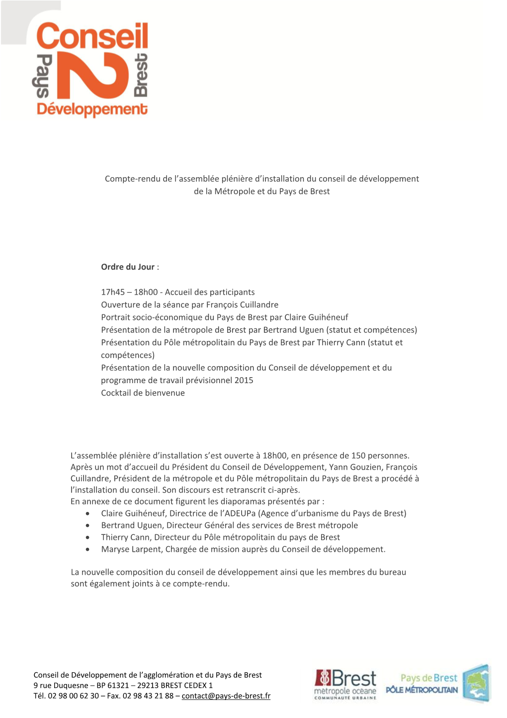 Compte-Rendu De L'assemblée Plénière D'installation Du Conseil De