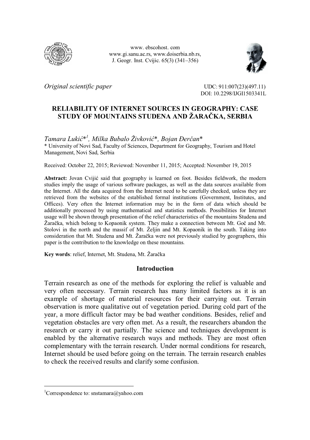 Reliability of Internet Sources in Geography: Case Study of Mountains Studena and Žaračka, Serbia