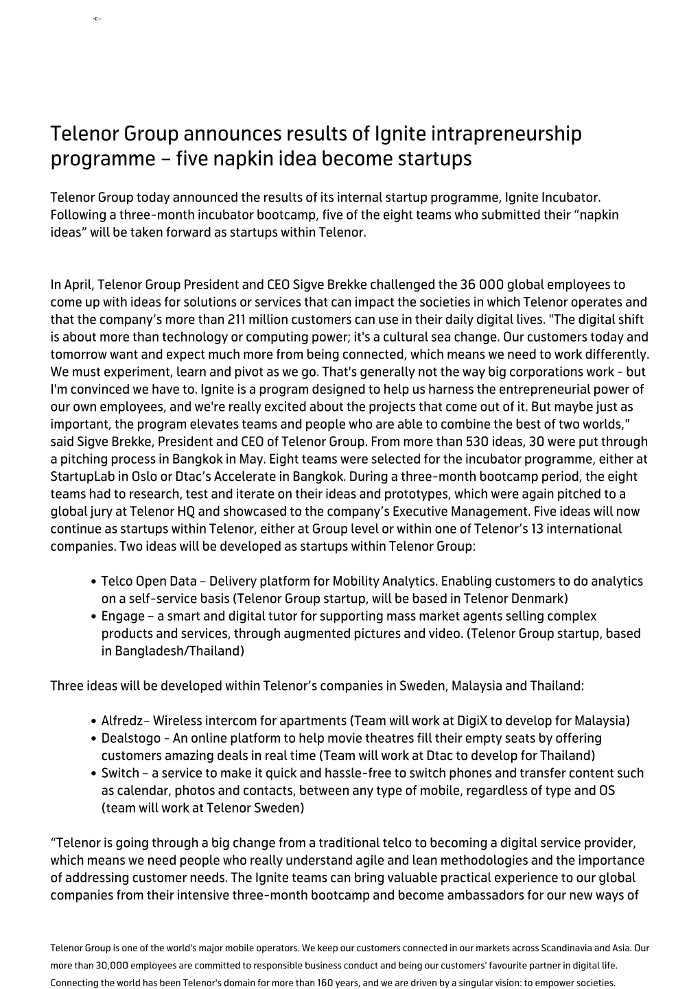 Telenor Group Announces Results of Ignite Intrapreneurship Programme – Five Napkin Idea Become Startups