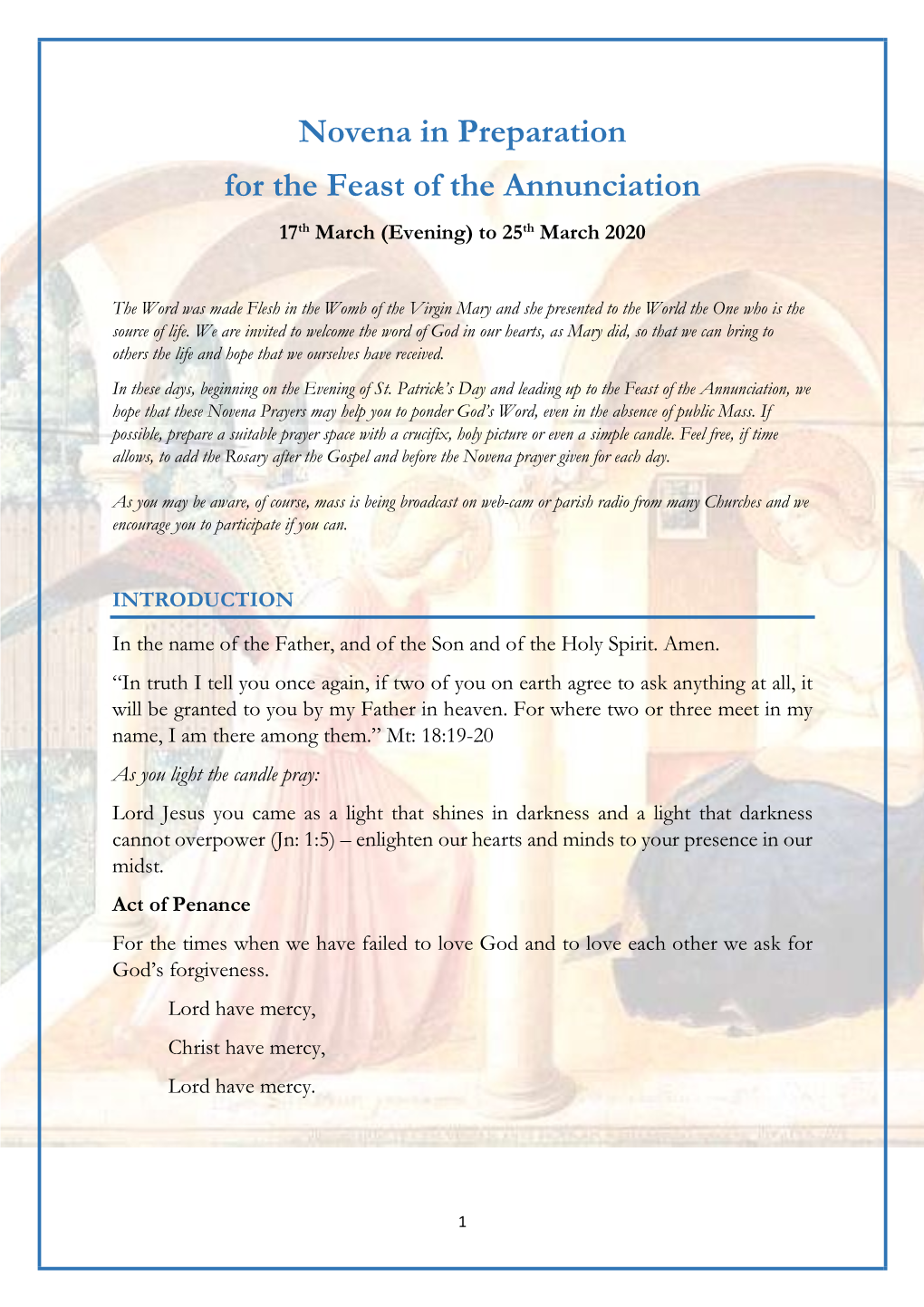 Novena in Preparation for the Feast of the Annunciation 17Th March (Evening) to 25Th March 2020