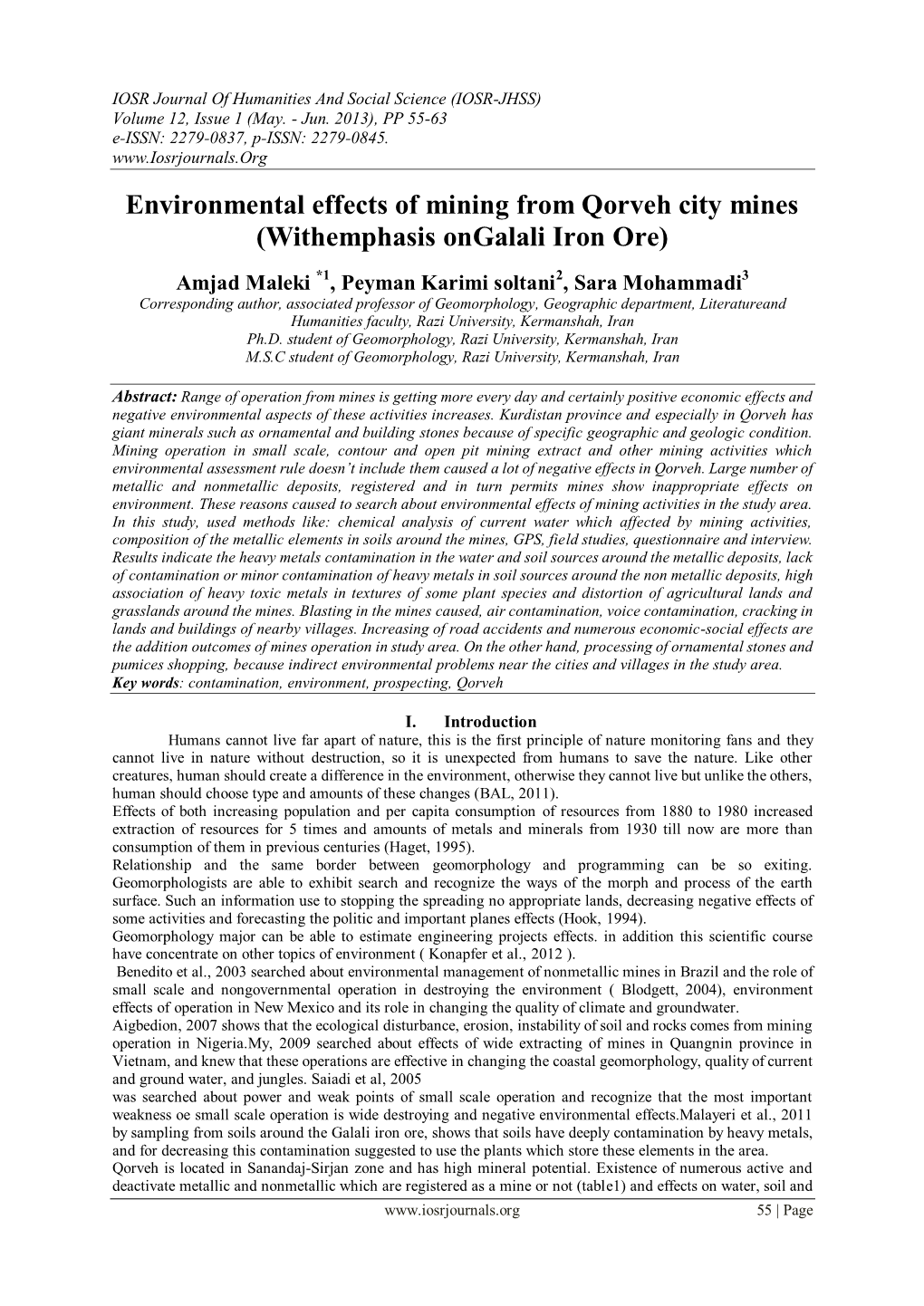 Environmental Effects of Mining from Qorveh City Mines (Withemphasis Ongalali Iron Ore)