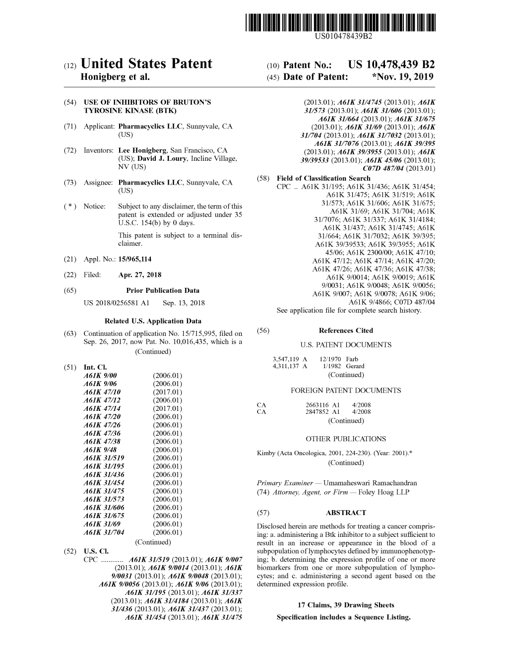 United States Patent ( 10 ) Patent No.: US 10,478,439 B2 Honigberg Et Al