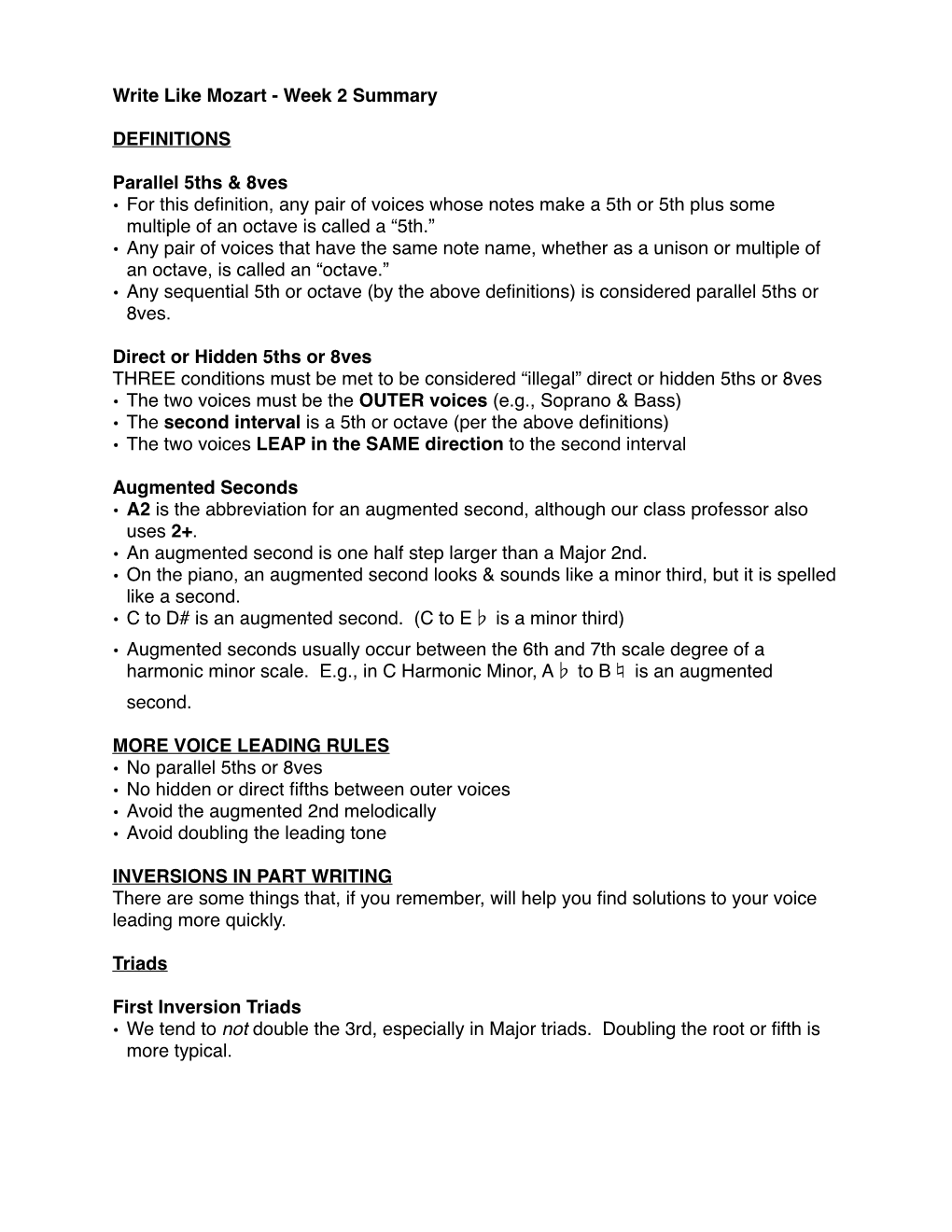 Week 2 Summary DEFINITIONS Parallel 5Ths & 8Ves