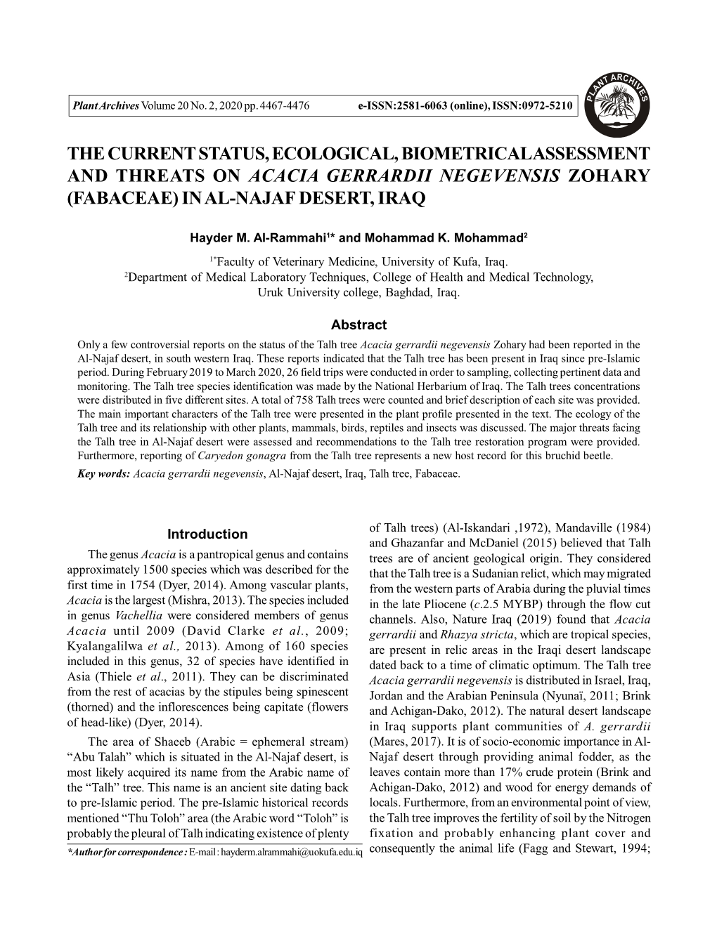 The Current Status, Ecological, Biometrical Assessment and Threats on Acacia Gerrardii Negevensis Zohary (Fabaceae) in Al-Najaf Desert, Iraq