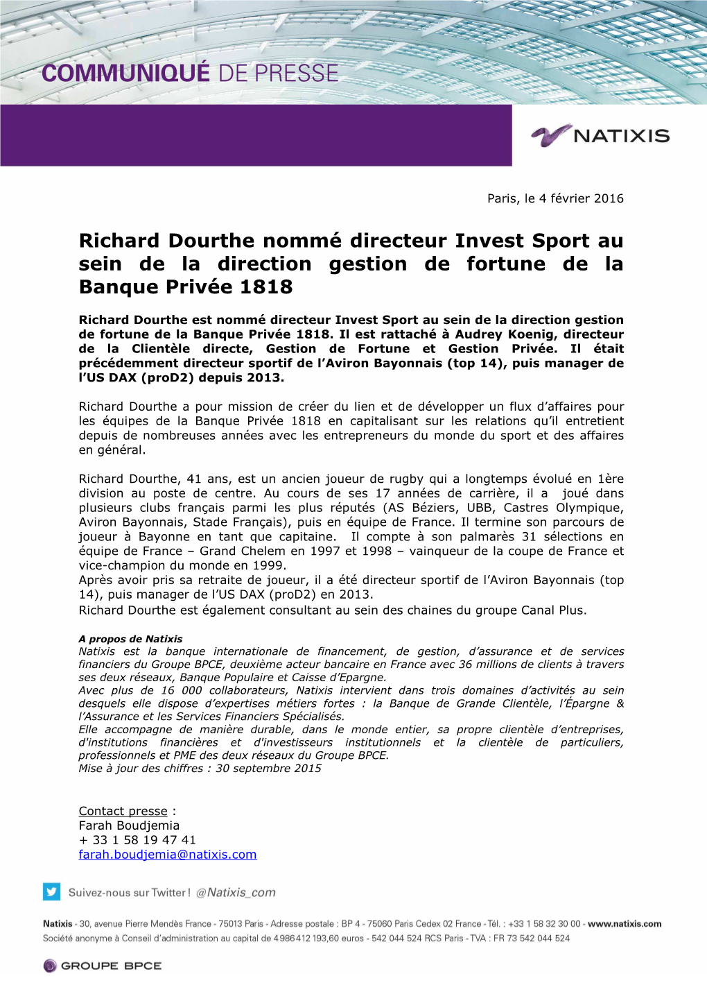 Natixis Communiqué De Presse Nomination Richard Dourthe
