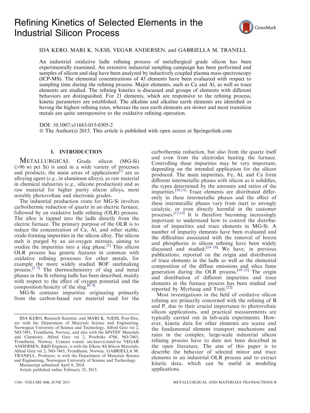 Refining Kinetics of Selected Elements in the Industrial Silicon