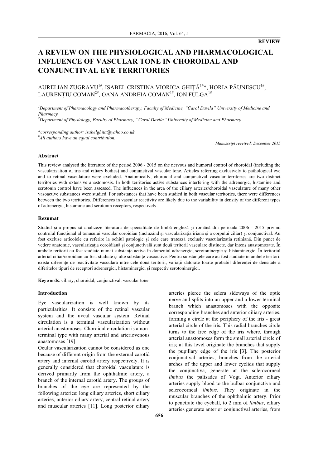 A Review on the Physiological and Pharmacological Influence of Vascular Tone in Choroidal and Conjunctival Eye Territories