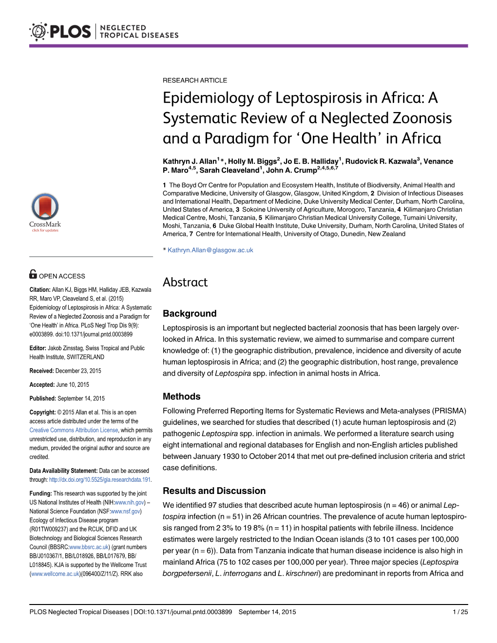 Epidemiology of Leptospirosis in Africa: a Systematic Review of a Neglected Zoonosis and a Paradigm for ‘One Health’ in Africa