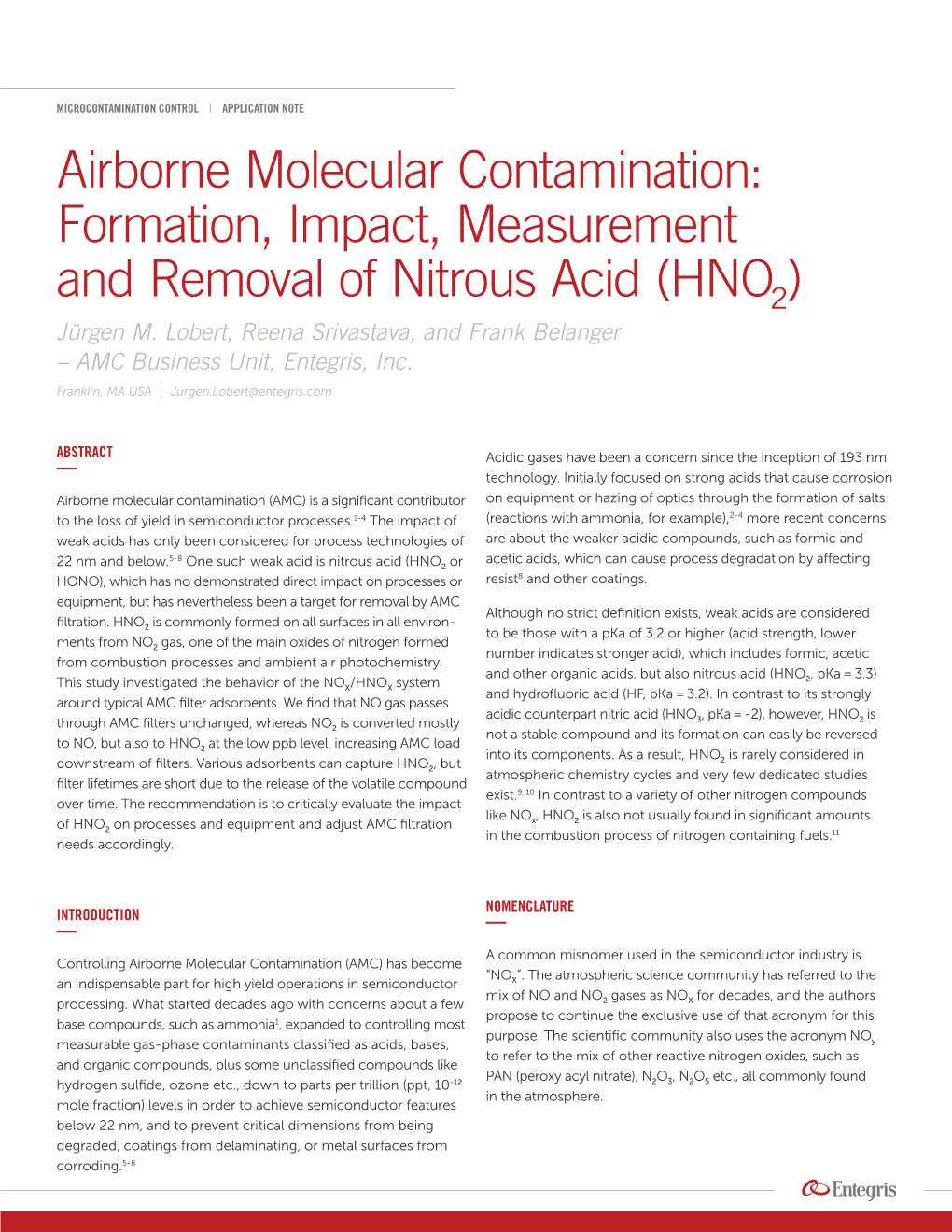 Airborne Molecular Contamination: Formation, Impact, Measurement and Removal of Nitrous Acid (HNO2) Jürgen M