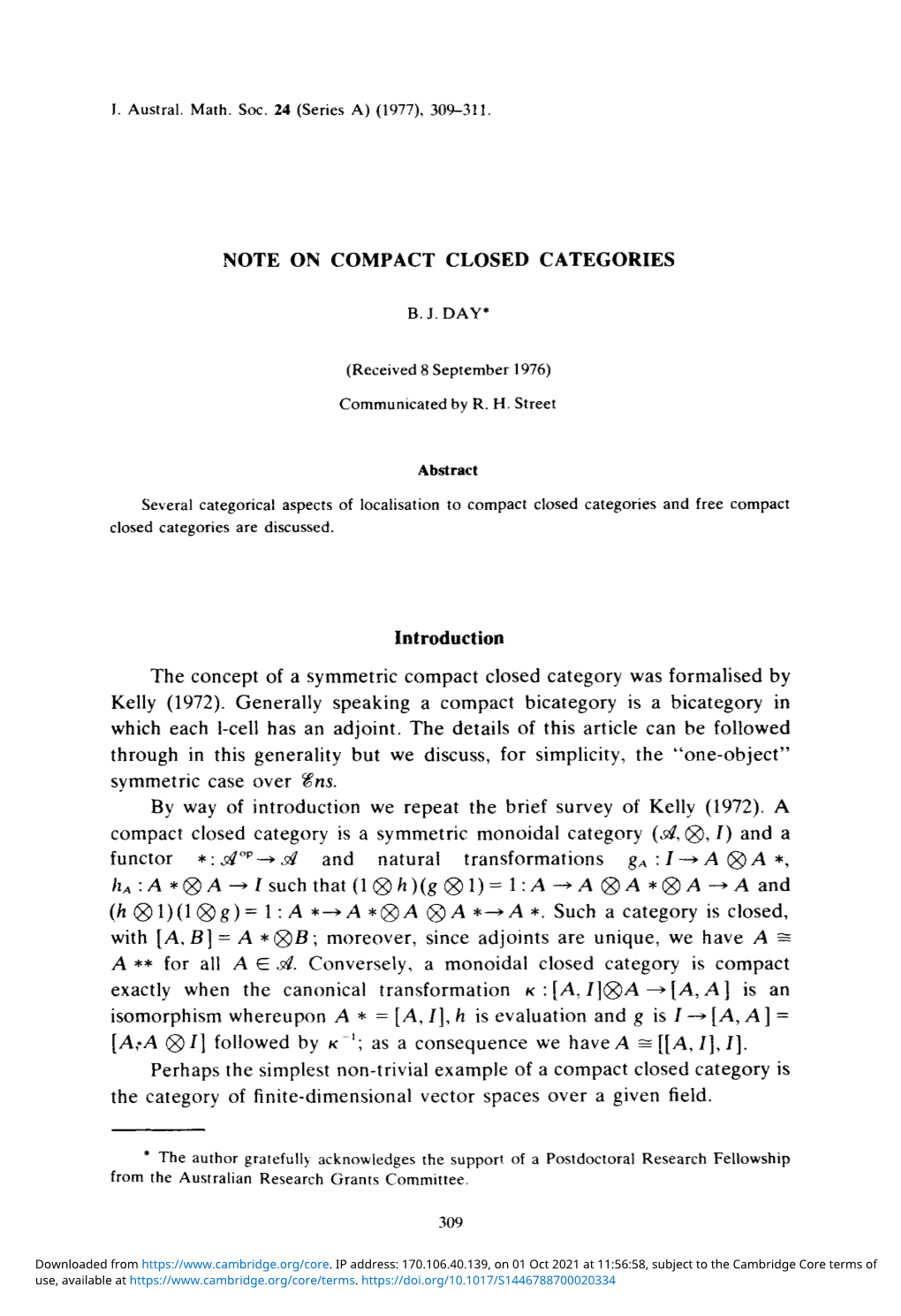 Note on Compact Closed Categories