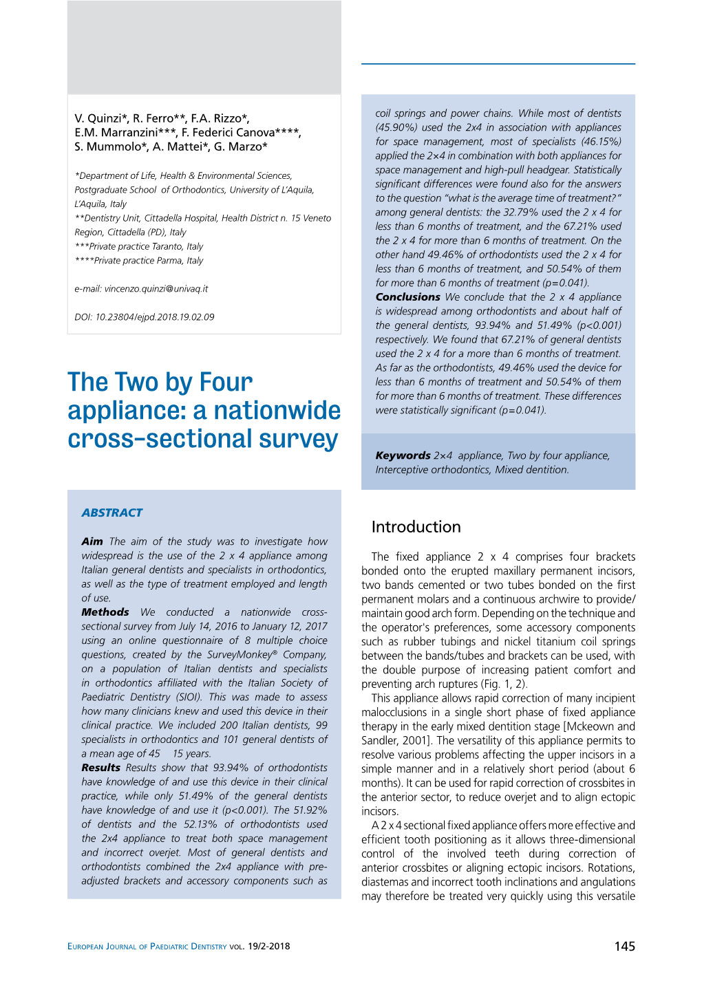 The Two by Four Appliance: a Nationwide Cross-Sectional Survey