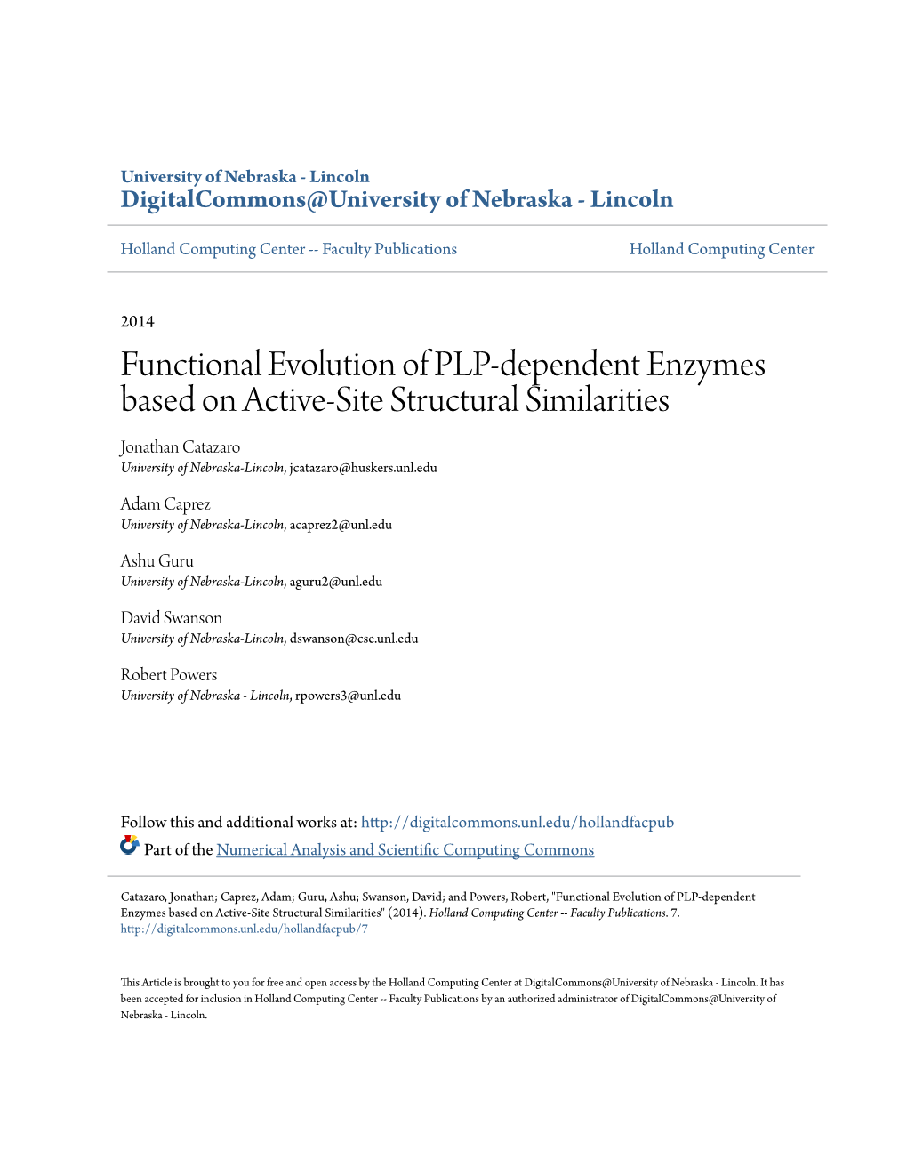 Functional Evolution of PLP-Dependent Enzymes Based on Active-Site Structural Similarities Jonathan Catazaro University of Nebraska-Lincoln, Jcatazaro@Huskers.Unl.Edu