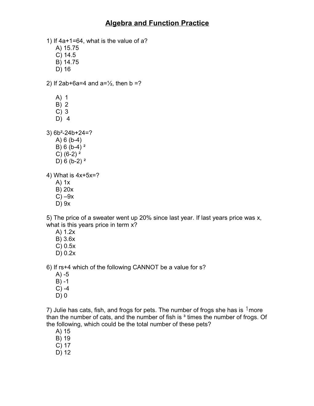 Algebra and Function Practice