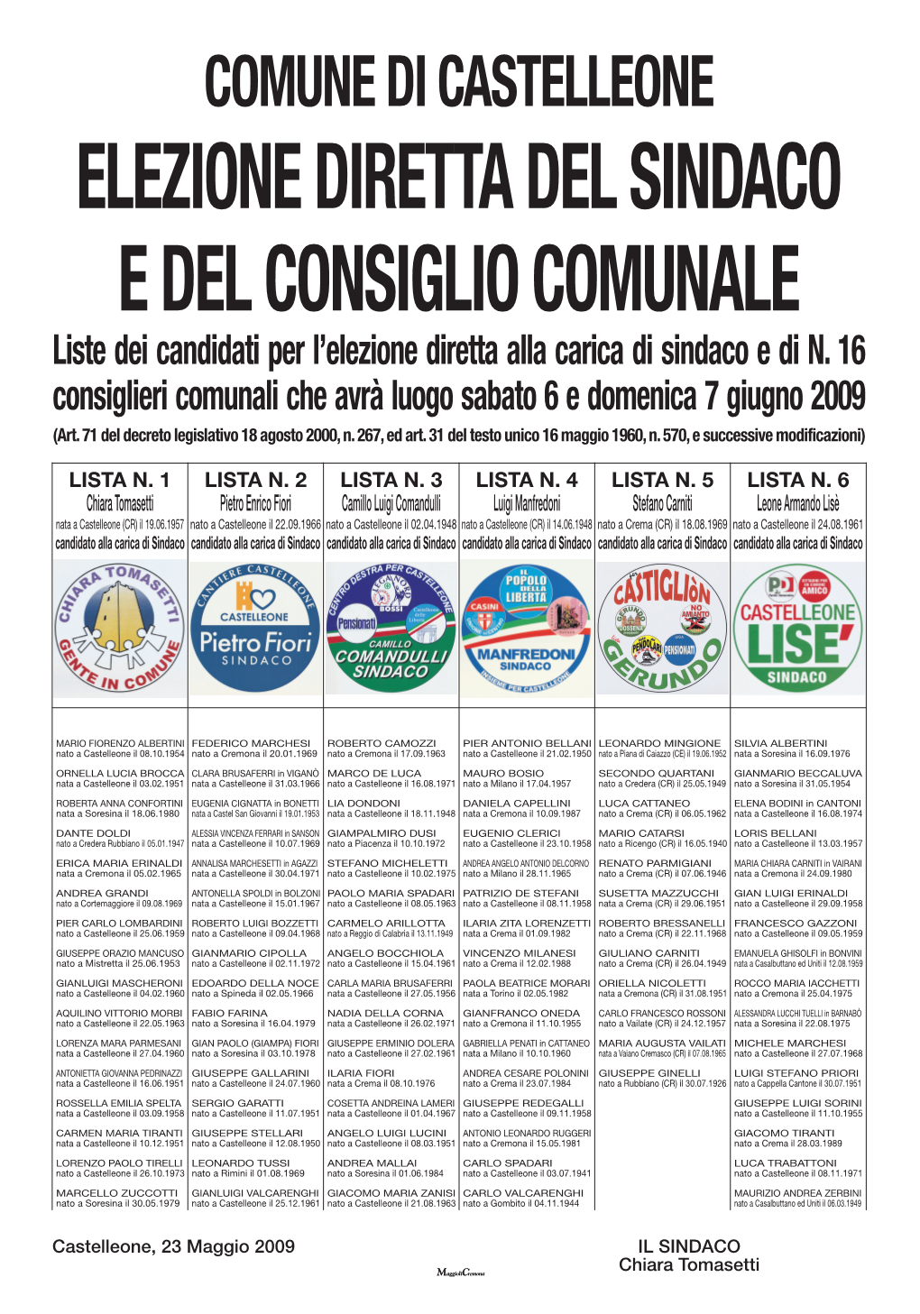 Liste Dei Candidati Per L'elezione Diretta Alla Carica Di Sindaco E Di N. 16 Consiglieri Comunali Che Avrà Luogo Sabato 6 E Domenica 7 Giugno 2009
