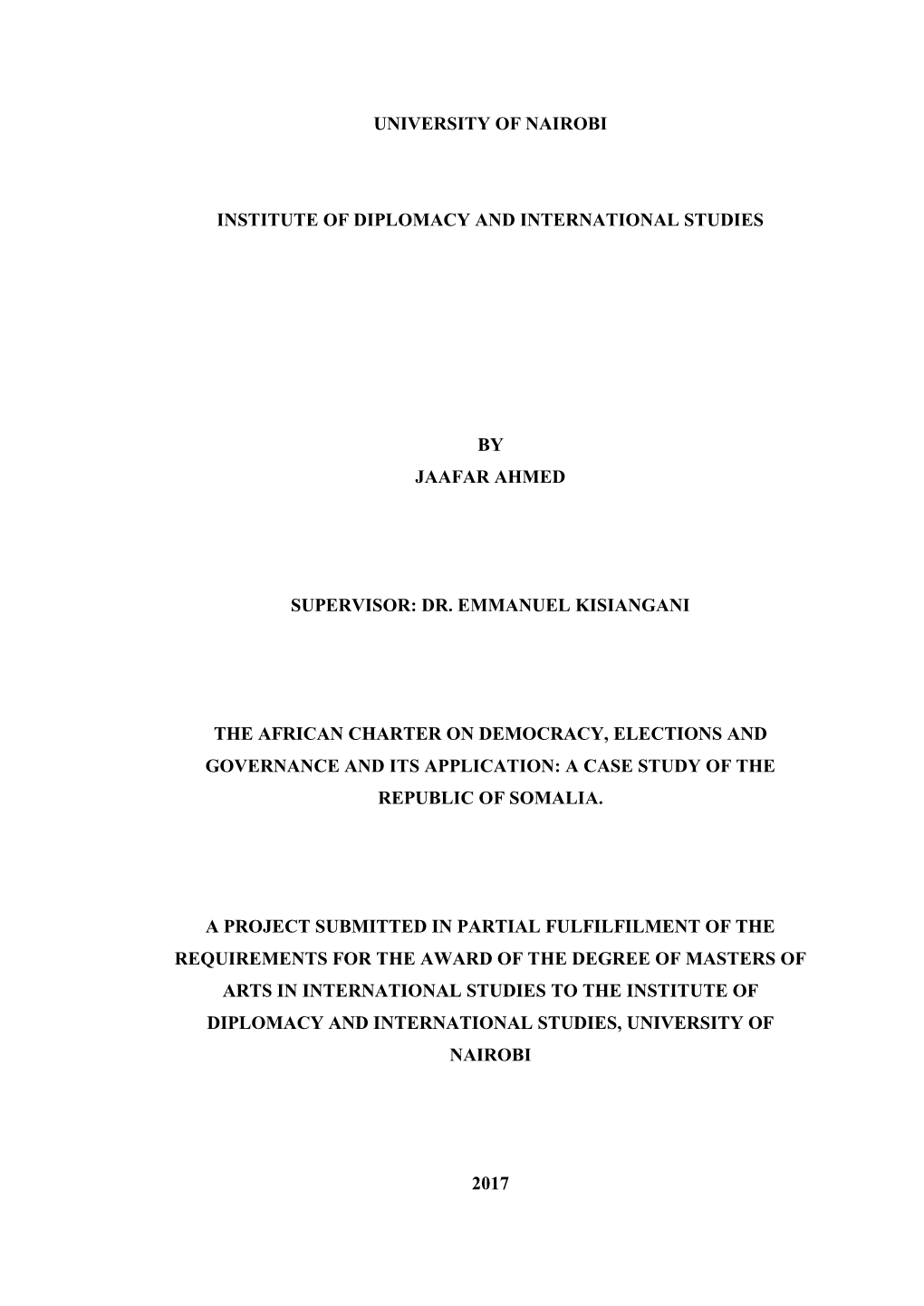 The African Charter on Democracy, Elections and Governance and Its Application: a Case Study of the Republic of Somalia