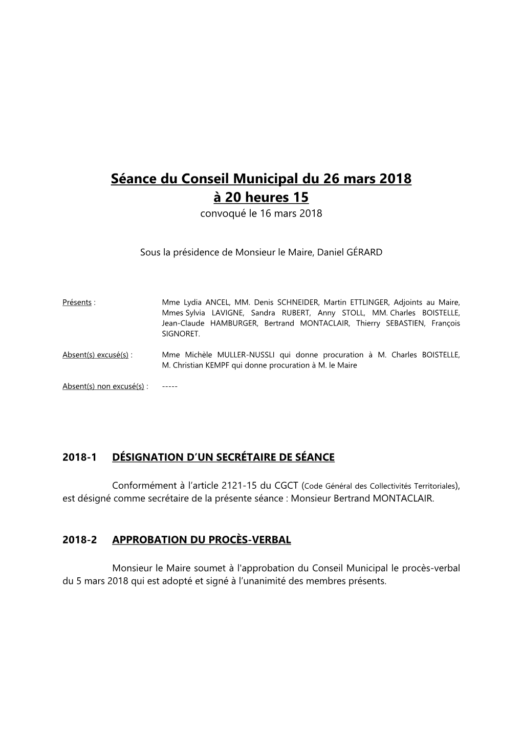 Séance Du Conseil Municipal Du 26 Mars 2018 À 20 Heures 15 Convoqué Le 16 Mars 2018