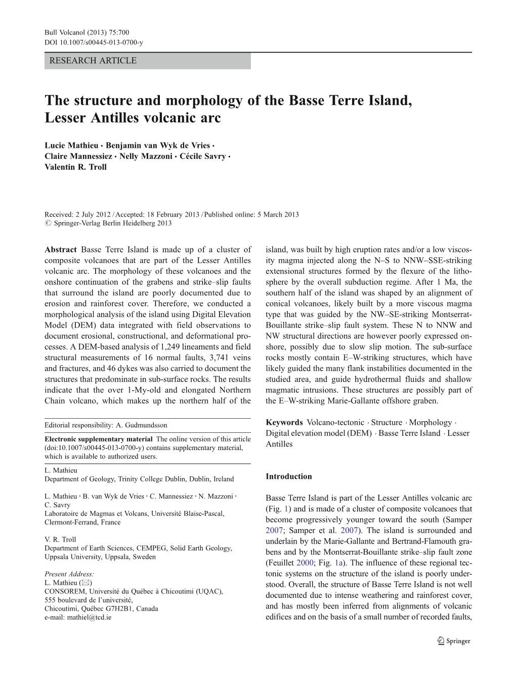 The Structure and Morphology of the Basse Terre Island, Lesser Antilles Volcanic Arc