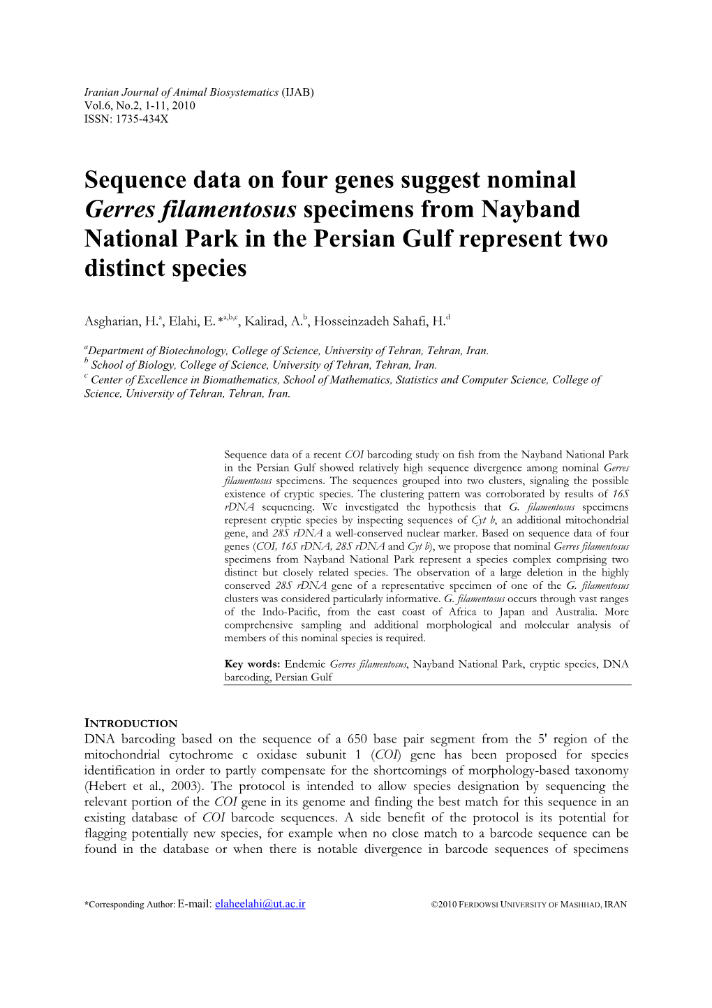 Sequence Data on Four Genes Suggest Nominal Gerres Filamentosus Specimens from Nayband National Park in the Persian Gulf Represent Two Distinct Species