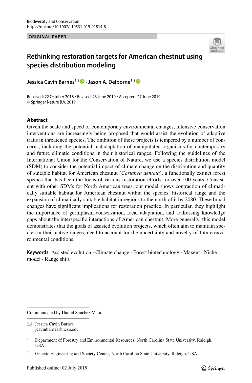 Rethinking Restoration Targets for American Chestnut Using Species Distribution Modeling