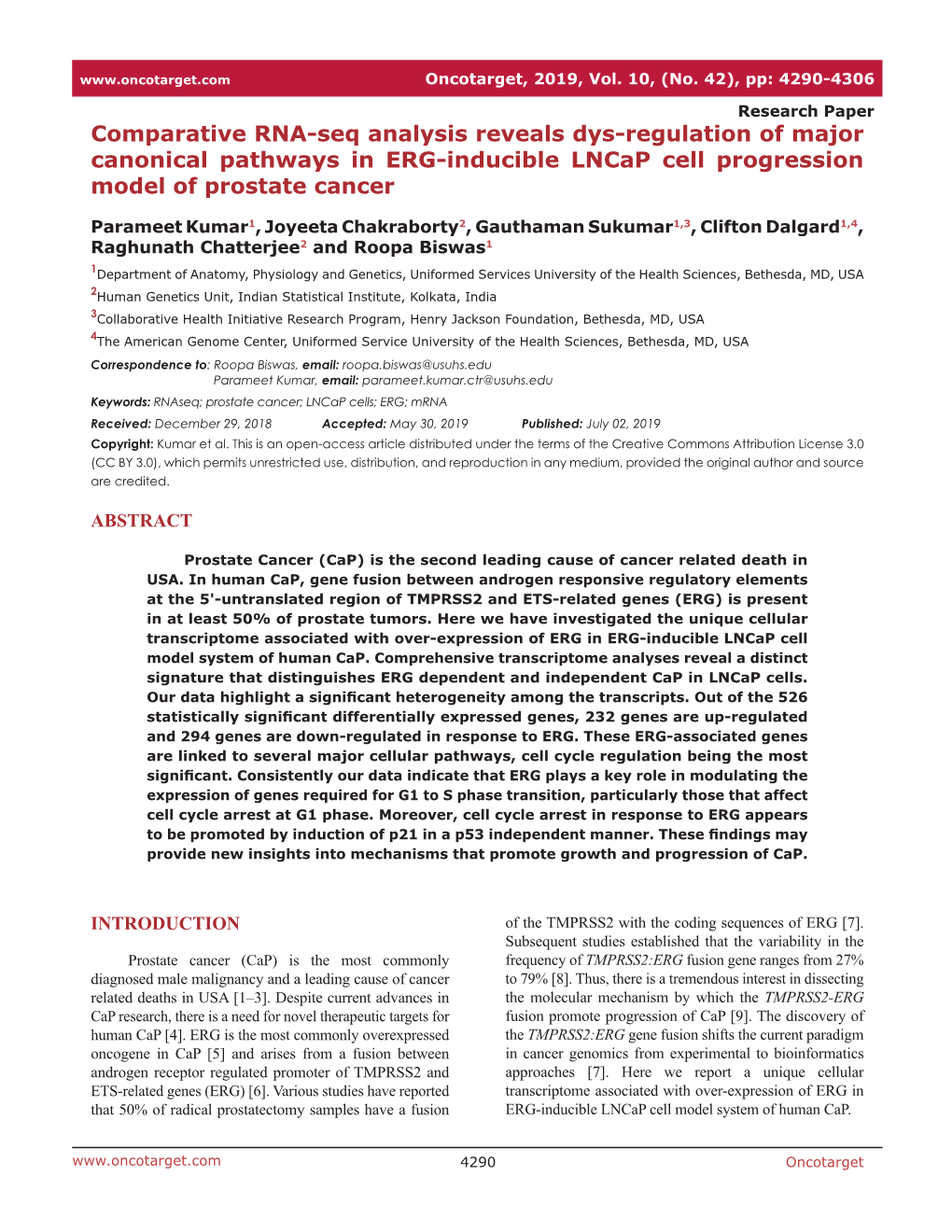 Comparative RNA-Seq Analysis Reveals Dys-Regulation of Major Canonical Pathways in ERG-Inducible Lncap Cell Progression Model of Prostate Cancer