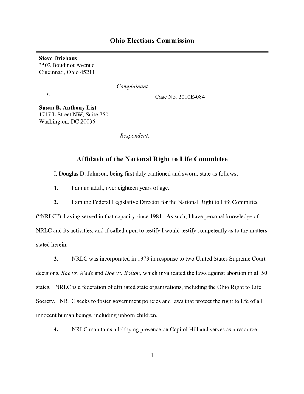 Ohio Elections Commission Affidavit of the National Right to Life Committee