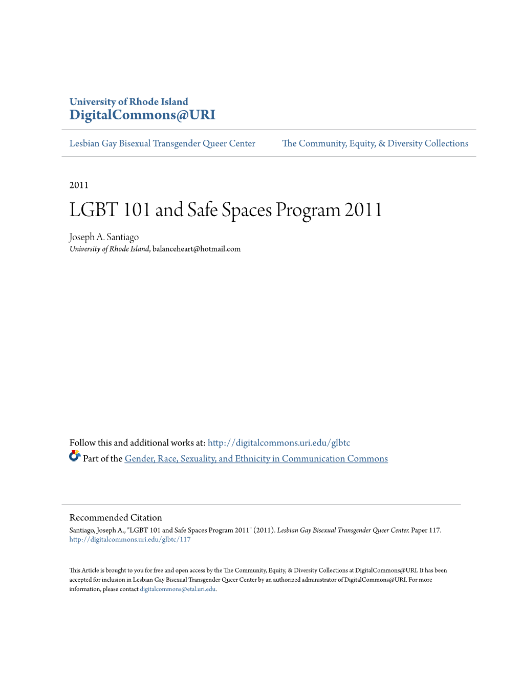 LGBT 101 and Safe Spaces Program 2011 Joseph A