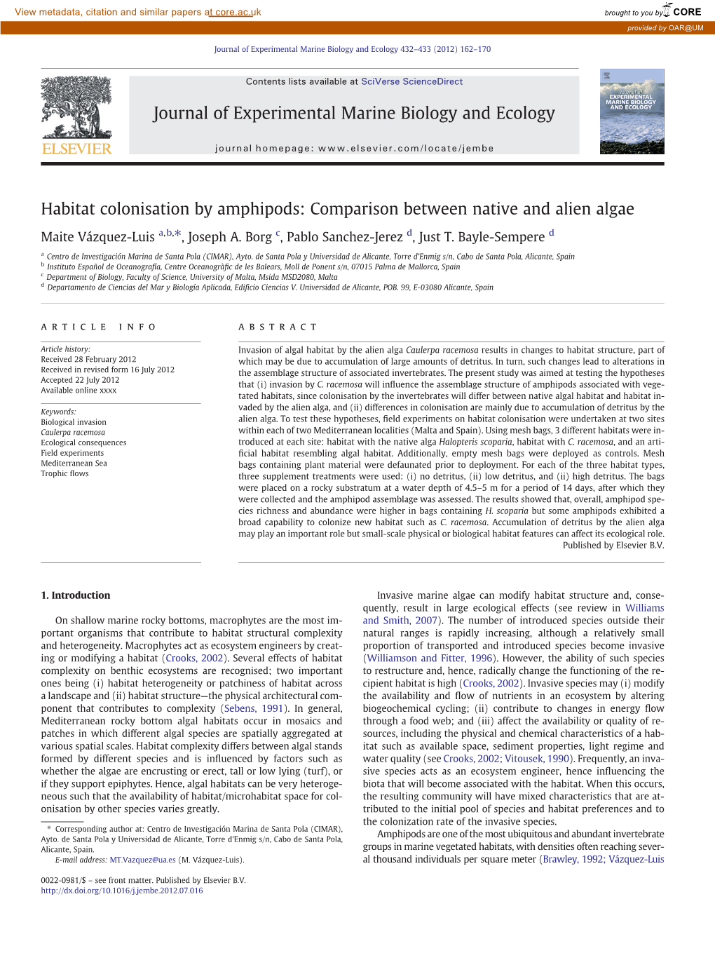 Habitat Colonisation by Amphipods: Comparison Between Native and Alien Algae