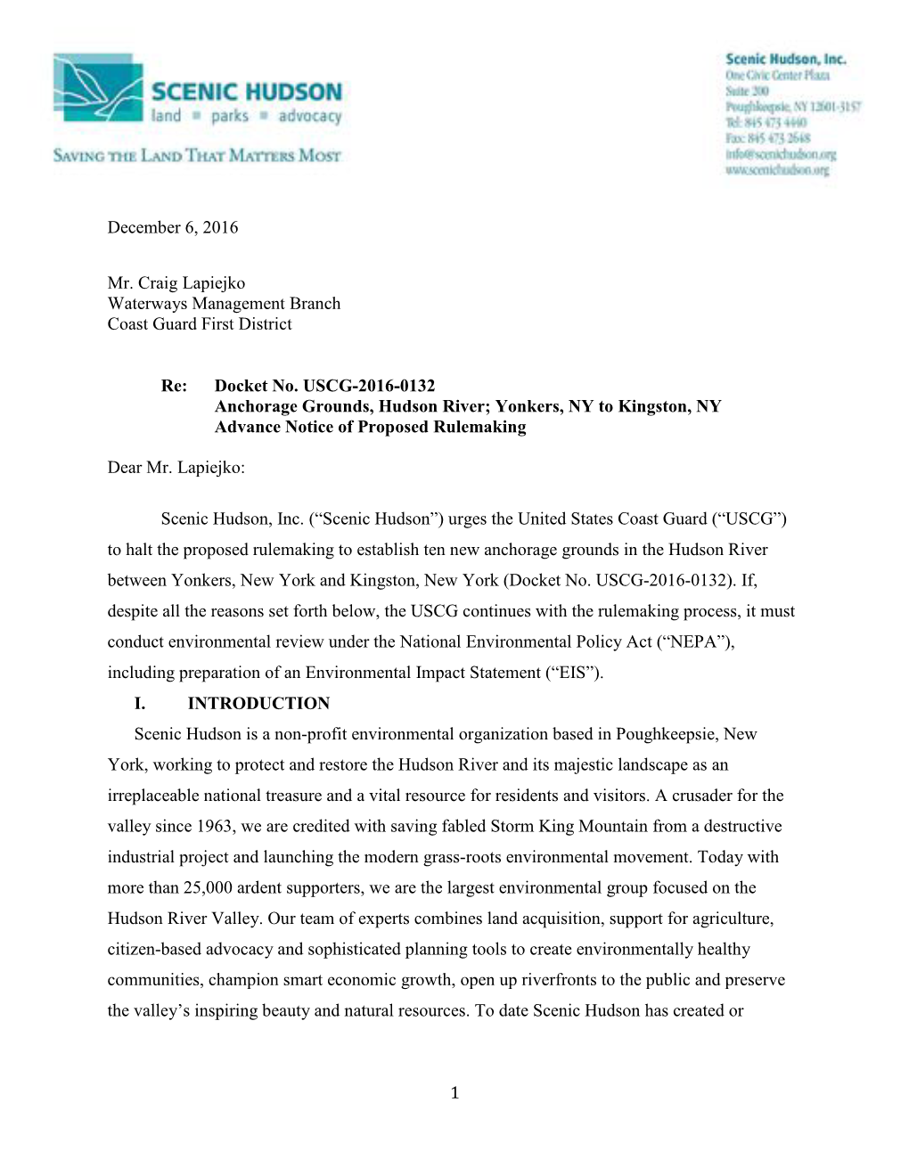 Docket No. USCG-2016-0132 Anchorage Grounds, Hudson River; Yonkers, NY to Kingston, NY Advance Notice of Proposed Rulemaking