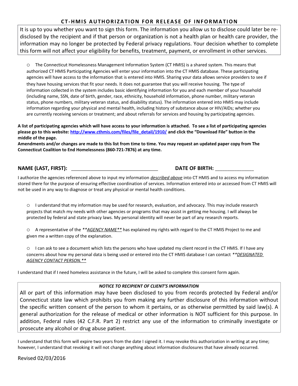 Ct-Hmis Authorization for Release of Information