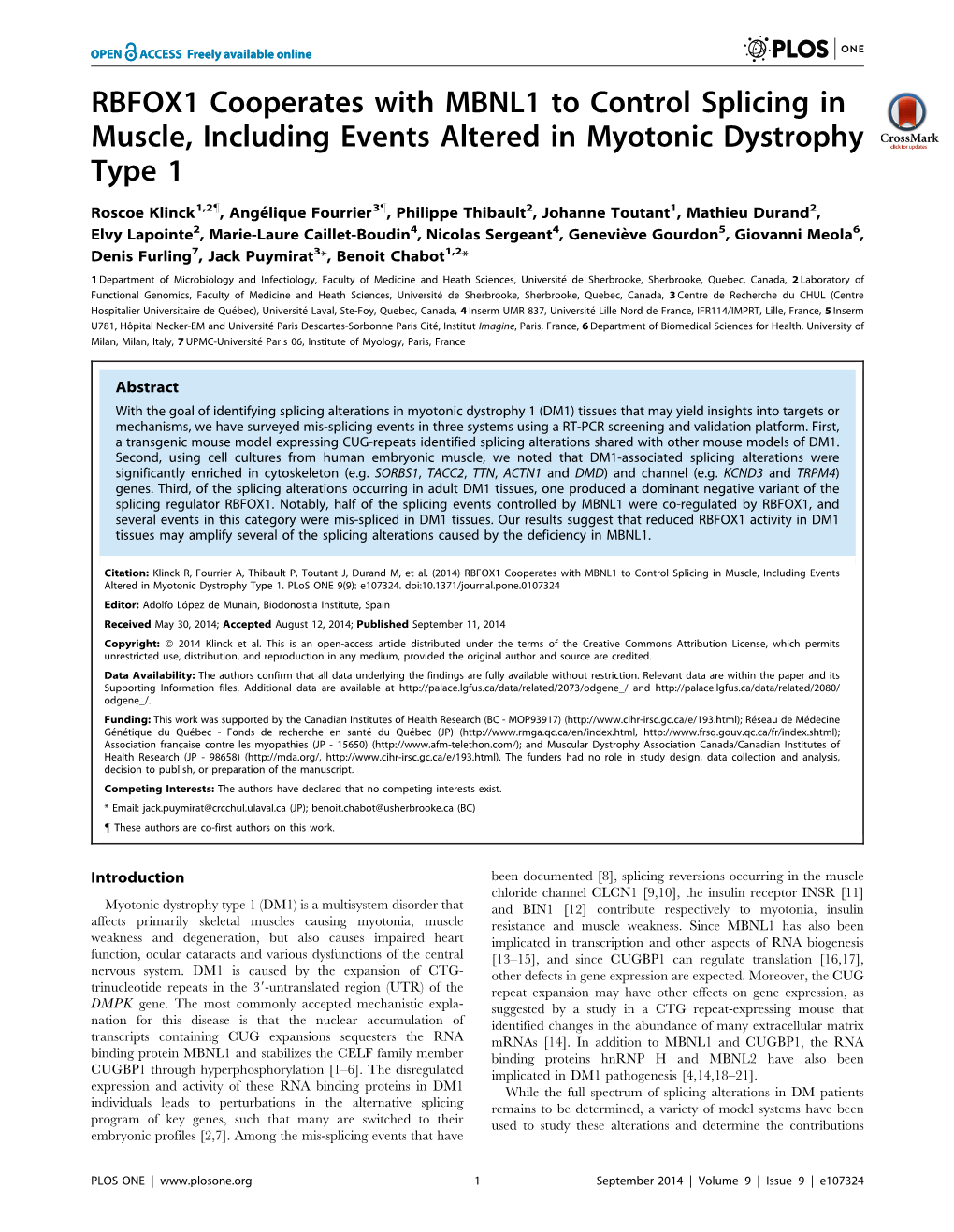 RBFOX1 Cooperates with MBNL1 to Control Splicing in Muscle, Including Events Altered in Myotonic Dystrophy Type 1