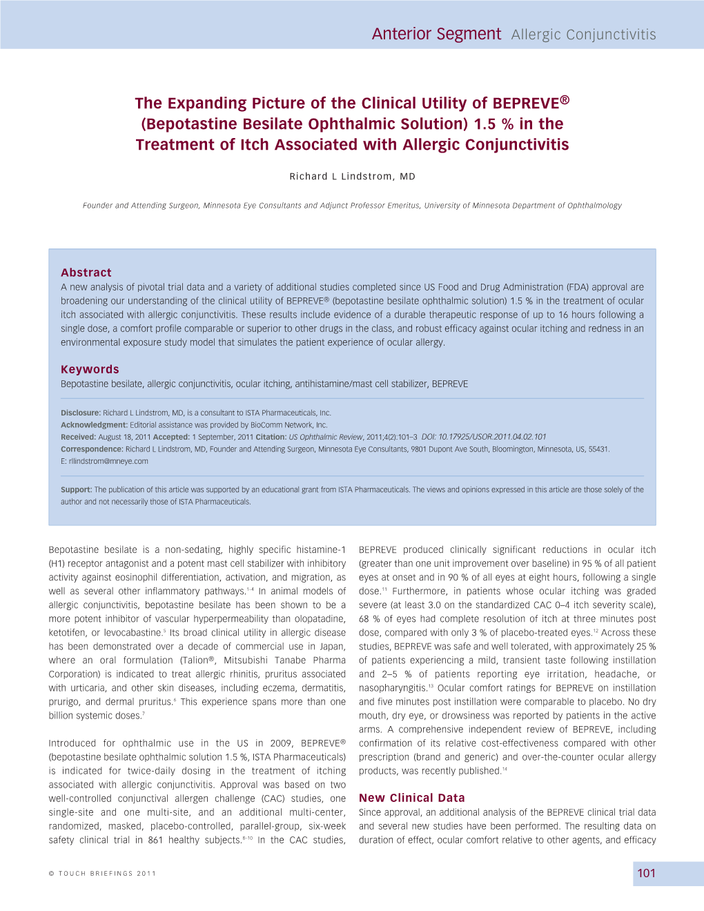 Bepotastine Besilate Ophthalmic Solution) 1.5 % in the Treatment of Itch Associated with Allergic Conjunctivitis