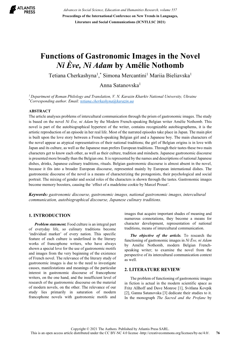 Functions of Gastronomic Images in the Novel Ni Ève, Ni Adam By