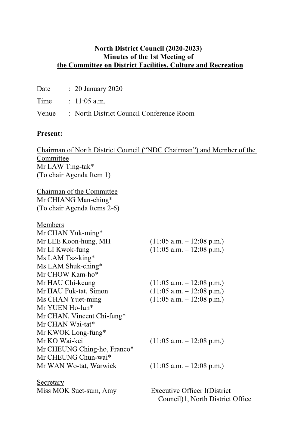 Minutes of the 1St Meeting of the Committee on District Facilities, Culture and Recreation