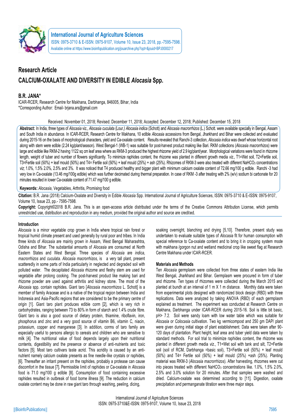 Research Article CALCIUM-OXALATE and DIVERSITY in EDIBLE Alocasia Spp