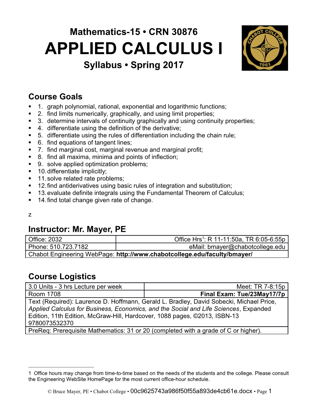 Mathematics-15 CRN 30876 APPLIED CALCULUS I Syllabus Spring 2017