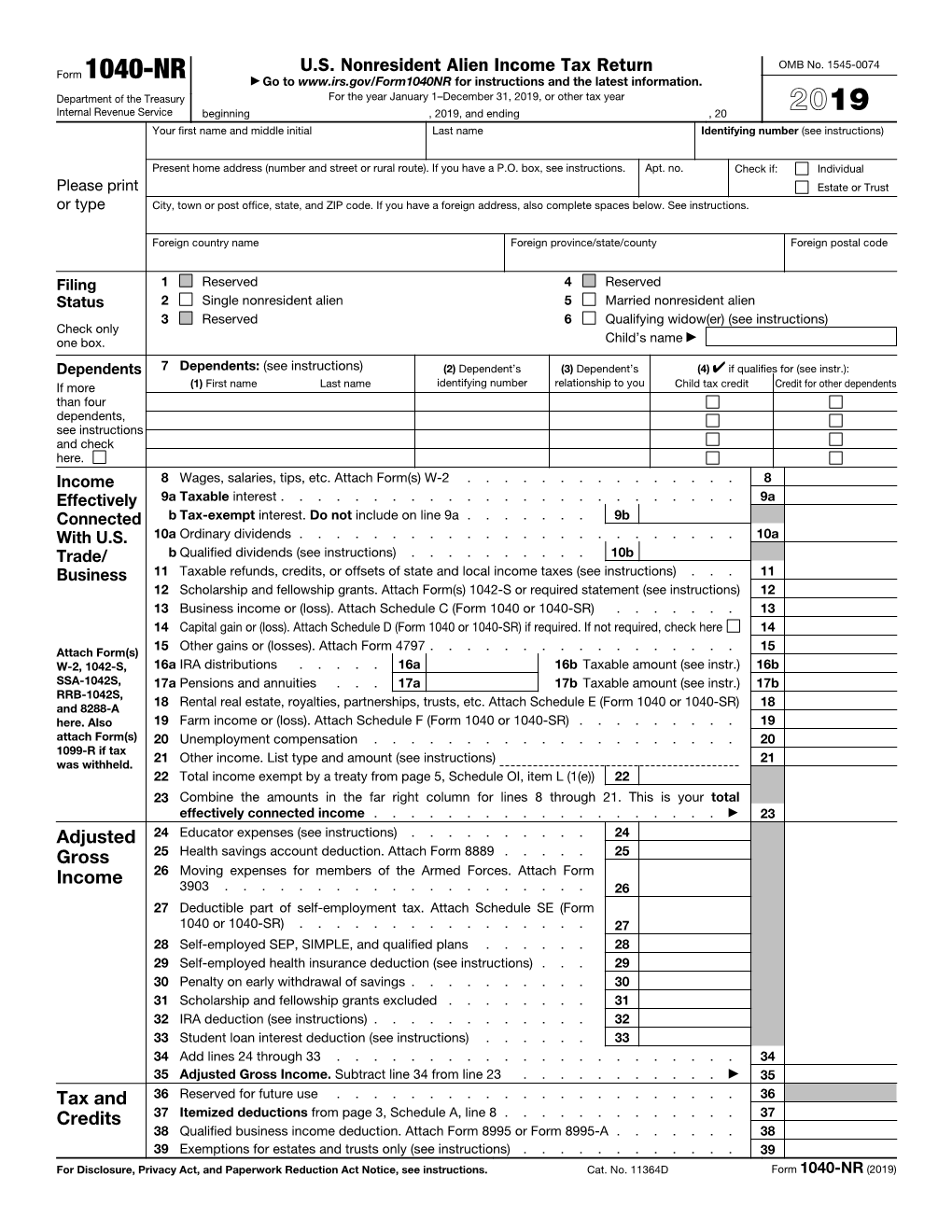 2019 Federal Form 1040-NR